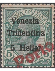 1919 - Trentino Alto Adige Bolzano 3 Leoni 5 h. su 5 c. di Venezia Tridentina con sovr. in rosso "Porto" Cat. € 480 (**)