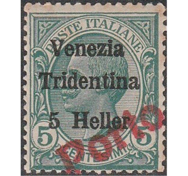 1919 - Trentino Alto Adige Bolzano 3 Leoni 5 h. su 5 c. di Venezia Tridentina con sovr. in rosso "Porto" Cat. € 480 (**)