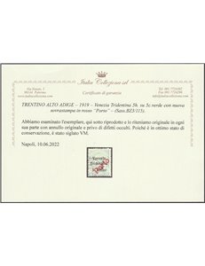 1919 - Trentino Bolzano 3 Venezia Tridentina 5 h. su 5 c. verde con sovr. in rosso "Porto" Cat. € 380 (U)