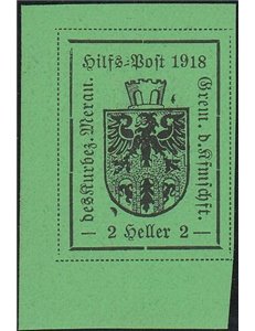 1918 - Merano Stemma comunale 2 h. verde chiaro su carta delicata semilucida, gomma giallastra. Cat. € 400 (**)