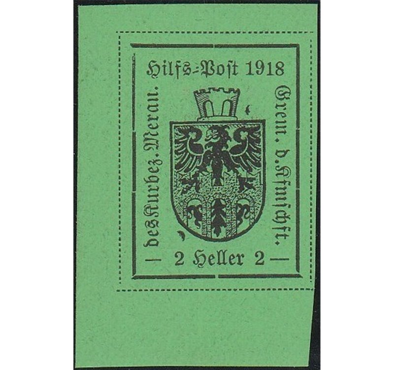 1918 - Merano Stemma comunale 2 h. verde chiaro su carta delicata semilucida, gomma giallastra. Cat. € 400 (**)