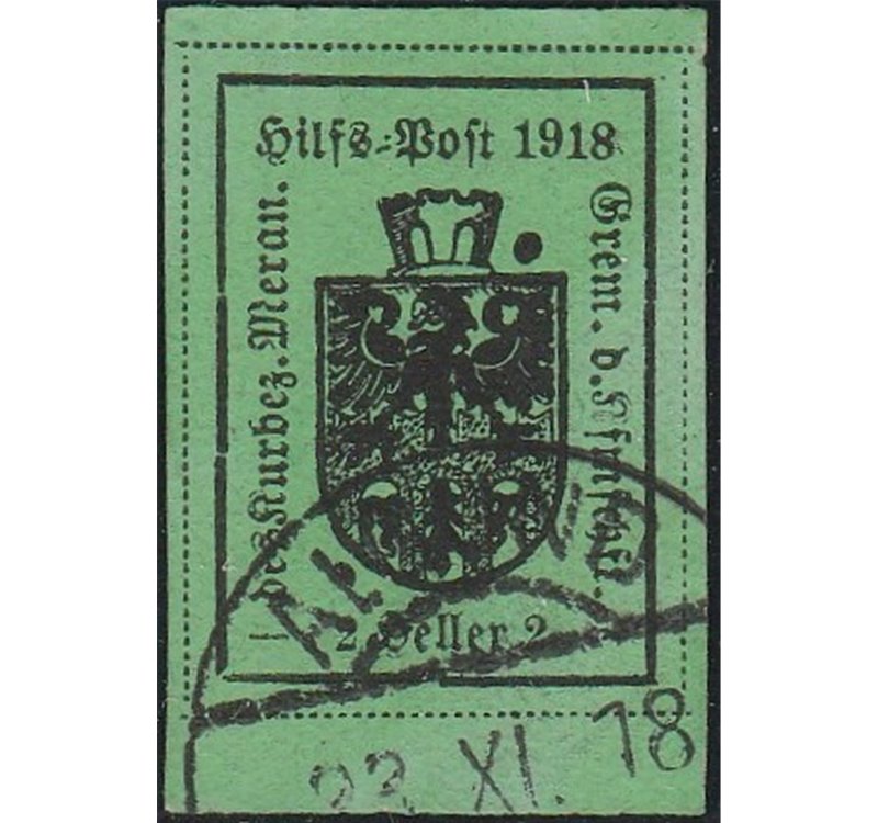 1918 - Merano Stemma 2 h. verde chiaro I tipo Cat. € 120 (U)