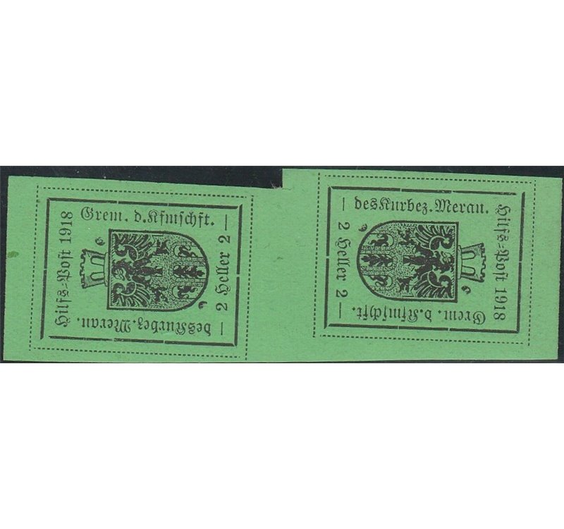 1918 - Merano Stemma 2 h. verde chiaro I tipo coppia verticale tete-beche Cat. € 1200 (**)