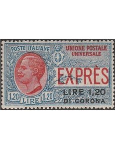 1922 - Dalmazia Espresso d'Italia con sovr. " LIRE 1,20 DI CORONA" non emesso. Cat. € 3000 (**)