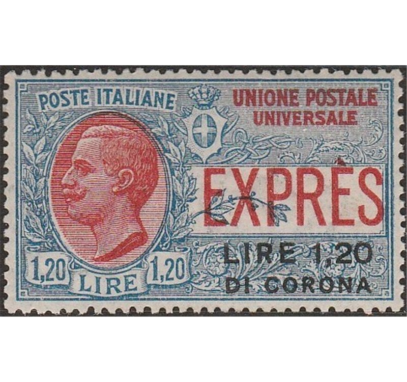 1922 - Dalmazia Espresso d'Italia con sovr. " LIRE 1,20 DI CORONA" non emesso. Cat. € 3000 (**)