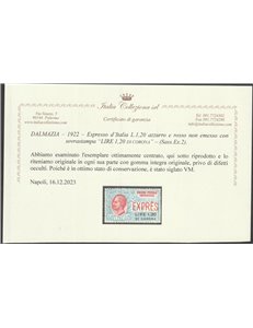 1922 - Dalmazia Espresso d'Italia con sovr. " LIRE 1,20 DI CORONA" non emesso. Cat. € 3000 (**)
