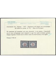 1922 - Dalmazia Segnatasse del Regno con sovrastampa del valore in corone Cat. € 750 (**)