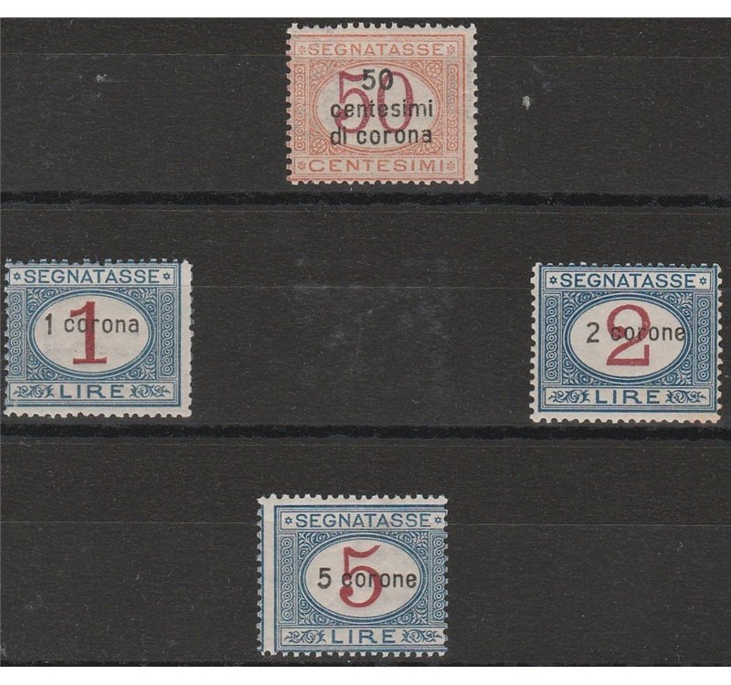 1922 - Dalmazia Segnatasse d'Italia del 1890-1903 con sovrastampa del nuovo valore in corone Cat. €750 (**)