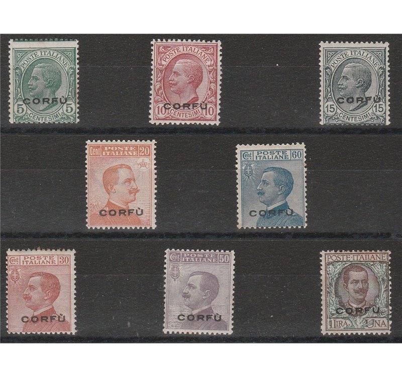1922 - Occ. Mil. Italiana Corfù Francobolli d'Italia del 1901-1923 con sovrastampa "CORFÙ" la serie. Cat. €325 (**)