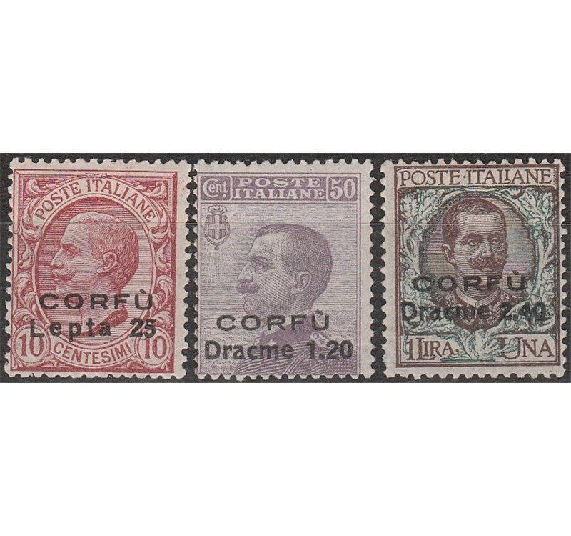 1923 - Occ. Mil. Italiana Corfù Francobolli d'Italia del 1901-1908, la serie con sovr. "CORFU'" e nuovi valori Cat. €600 (**)