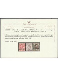 1923 - Occ. Mil. Italiana Corfù Francobolli d'Italia del 1901-1908, la serie con sovr. "CORFU'" e nuovi valori Cat. €600 (**)