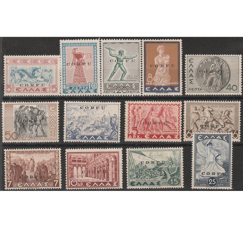 1941 - Occ. Mil. Italiana Corfù Francobolli di Grecia, Serie Mitologica con sovrastampa "CORFU" la serie. Cat. € 3750 (**)