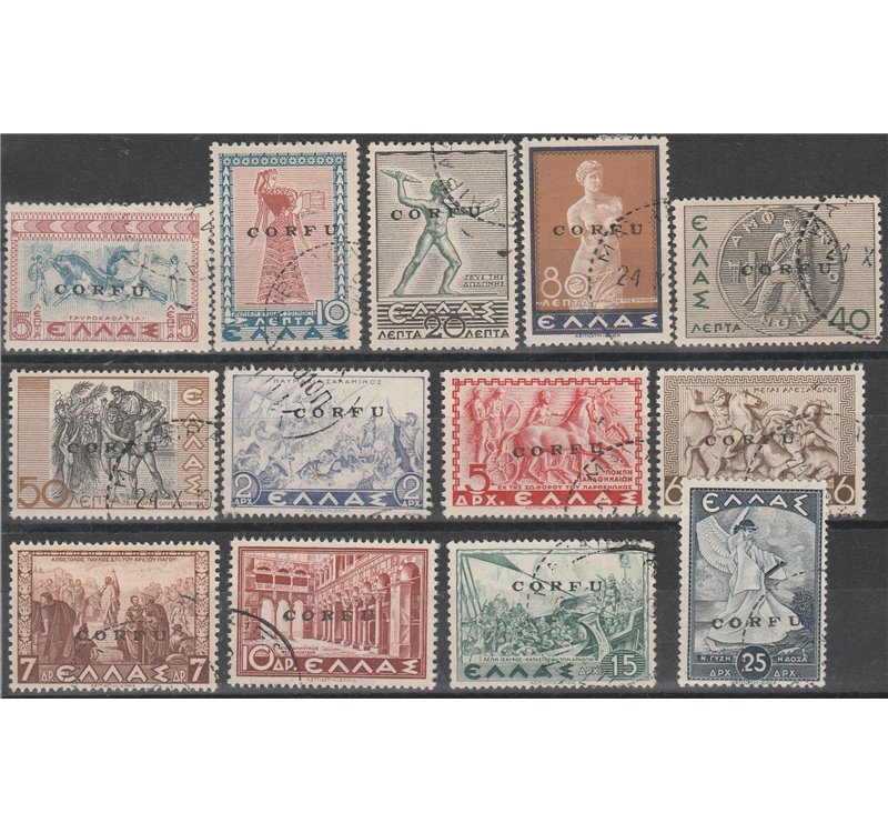 1941 - Occ. Mil. Italiana Corfù Francobolli di Grecia, Serie  sovr. in nero "CORFU" Cert.: Biondi. Cat. € 925 (U)