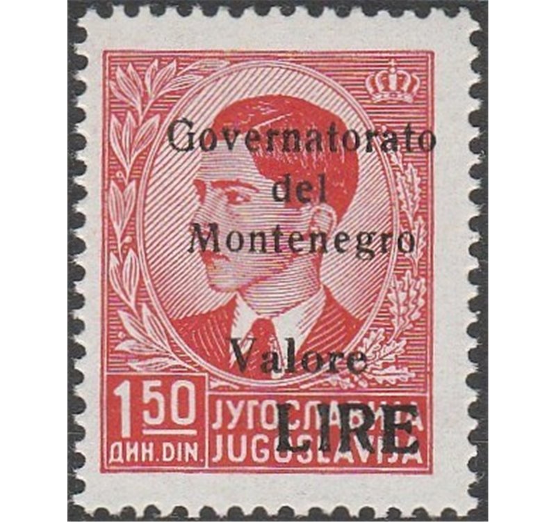 1942 - Montenegro Francobollo di Jugoslavia, Re Pietro 1,50 d. rosso con sovr. in nero Cat. € 1000 (**)