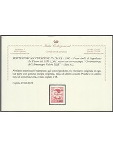 1942 - Montenegro Francobollo di Jugoslavia, Re Pietro 1,50 d. rosso con sovr. in nero Cat. € 1000 (**)