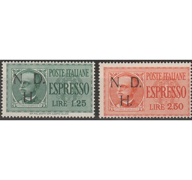 1944 - Primosten Ex d'Italia del 1932-33 con sovr. a mano "N.D.H" tiratura 20, la serie. Cat. € 2000 (**)