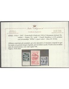 1945 - Occ. Jugoslava Istria F.lli d'Italia del 1930-1945 con sovr. "ISTRA" e nuovi valori Cat. € 1000 (**)