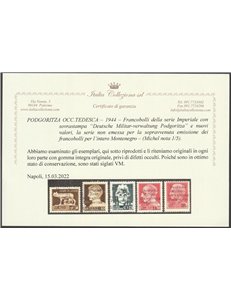 1944 - Montenegro Podgoritza F.lli d'Italia Imperiale e Pegaso. Molto rara come da nota sul Michel (**)