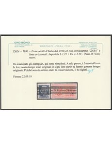 1943 - Occ. Tedesca di Zara F.lli d'Italia del 1929-1942 con sovr. "ZARA" e linee orizzontali Cert.: Biondi. Cat. €1550 (**)