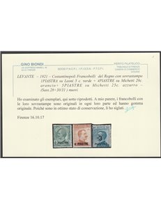 1921 - Levante Costantinopoli F.lli del Regno, Leoni e Michetti con sovr. del nuovo valore in piastre Cat. € 1100 (*)