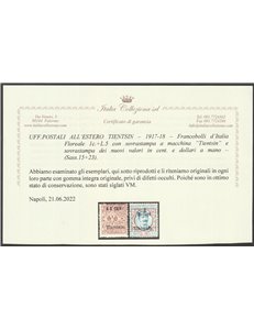 1918-1919 Uff. Postali all'Estero Tientsin F.lli d'Italia del 1901-16 con sovr. "Tientsin" e del nuovo valore Cat. € 6250 (**)