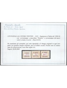 1918 Uff. Postali all'Estero Tientsin Segnatasse d'Italia 1880-94 con sovr. "Tienstin" e del nuovo valore Cat. € 3000 (**)
