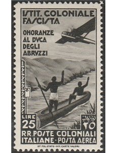1934 - Colonie Italiane Emissioni Generali Onoranze al Duca degli Abruzzi L. 25 bruno nero Cat. € 120 (**)