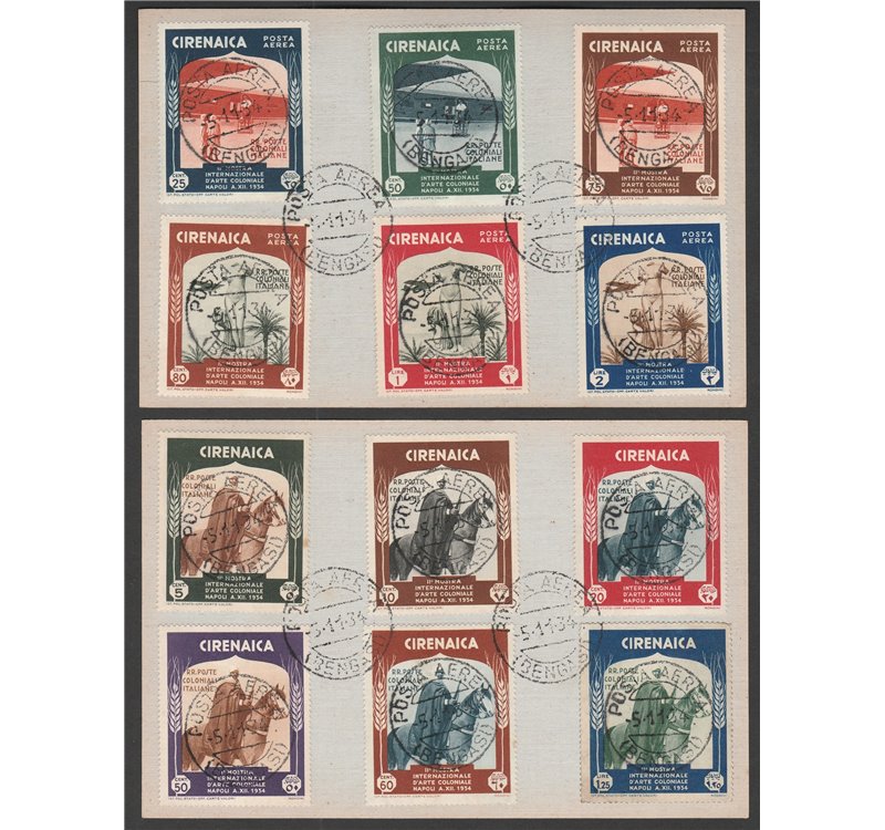 1934 - Colonie Italiane Cirenaica Mostra Coloniale, la serie su due cartoncini Cat. € 450 (U)