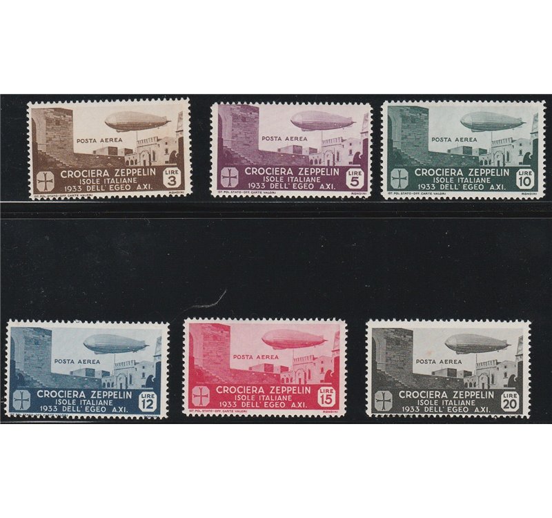 1933 - Colonie Italiane Egeo Crociera Zeppelin, la serie. Cert.: Italia Colleziona. Cat. € 3000 (**)