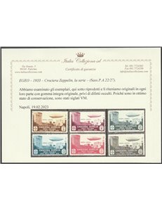 1933 - Colonie Italiane Egeo Crociera Zeppelin, la serie. Cert.: Italia Colleziona. Cat. € 3000 (**)