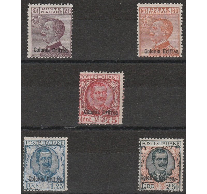 1928-1929 - Colonie Italiane Eritrea Francobolli d'Italia del 1926 con sovr. "Colonia Eritrea" Cat. € 2750 (**)