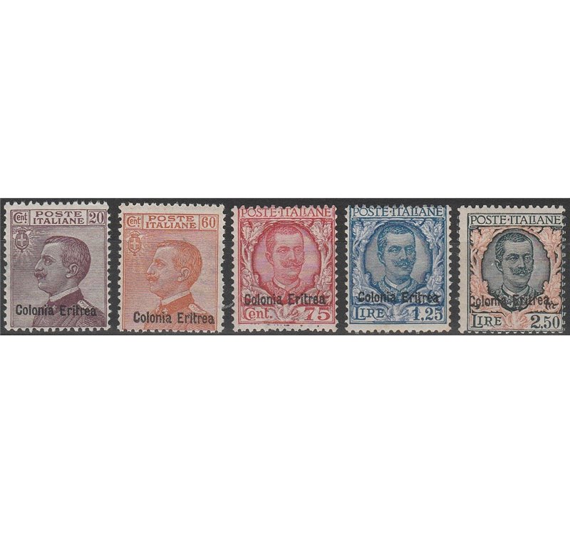 1928-1929 - Colonie Italiane Eritrea Francobolli del Regno con sovr. "Colonia Eritrea" Cert.: Biondi. Cat. € 2750 (**)