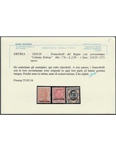 1928-1929 - Colonie Italiane Eritrea Francobolli del Regno con sovr. "Colonia Eritrea" Cert.: Biondi. Cat. € 2750 (**)