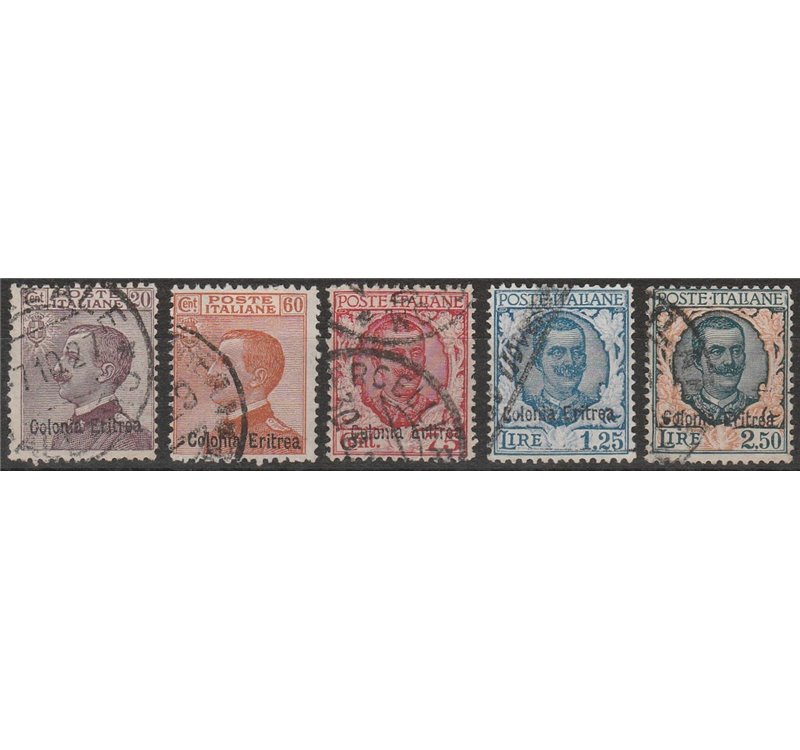 1928-1929 - Colonie Italiane Eritrea Francobolli d'Italia del 1926 con sovr. "Colonia Eritrea" Cat. € 650 (U)