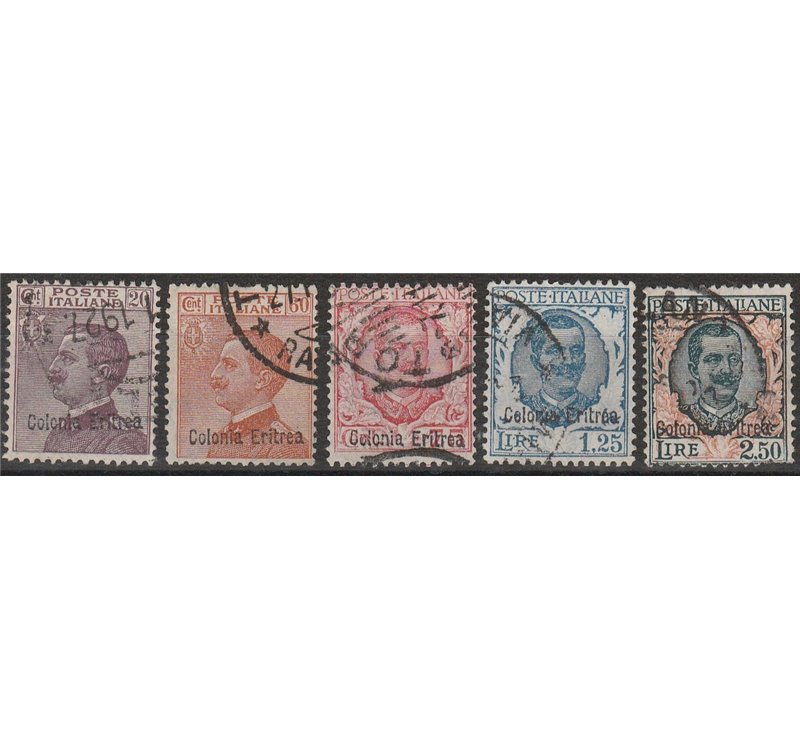 1928-1929 - Colonie Italiane Eritrea Francobolli d'Italia del 1926 con sovr. "Colonia Eritrea" Cert.: Biondi. Cat. € 650 (U)