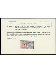1928-1929 - Colonie Italiane Eritrea Francobolli d'Italia del 1926 con sovr. "Colonia Eritrea" Cert.: Biondi. Cat. € 650 (U)