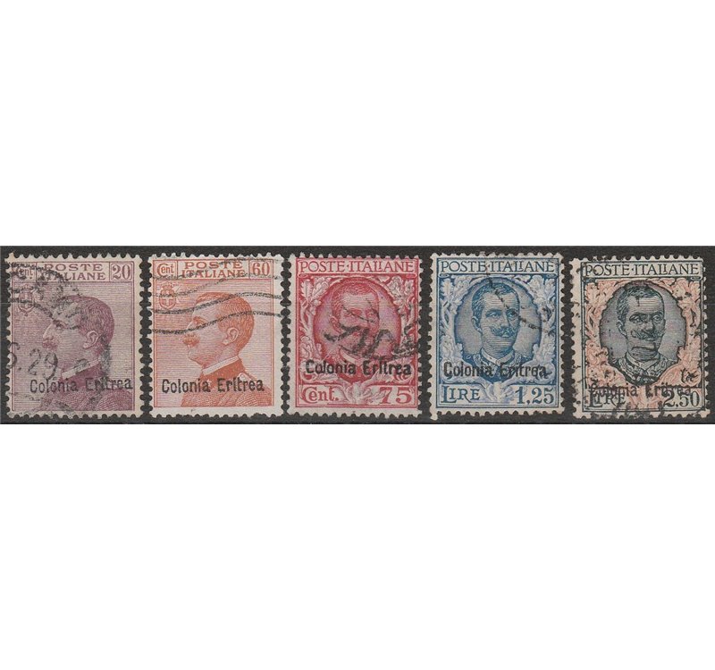 1928-1929 - Colonie Italiane Eritrea Francobolli d'Italia del 1926 con sovr. "Colonia Eritrea" Cat. € 650 (U)