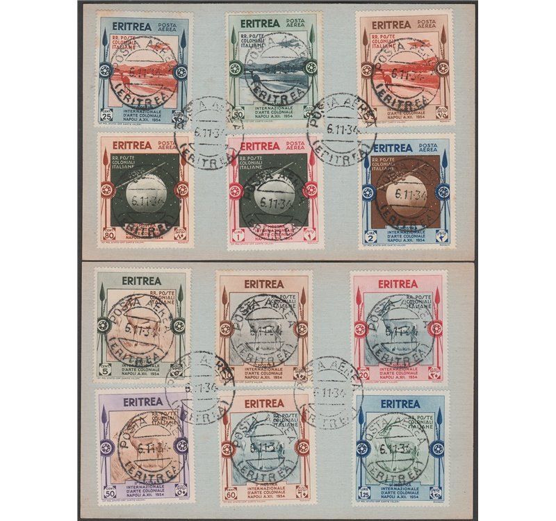 1934 - Colonie Italiane Eritrea Mostra Coloniale, la serie su due cartoncini Cat. €450 (U)