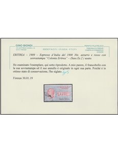 1907-1921 - Colonie Italiane Eritrea Ex d'Italia del 1903-1920 con sovr. "Colonia Eritrea" Cert.: Biondi. Cat. € 450 (U)