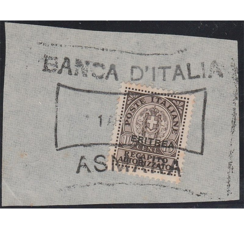 1939 - Colonie It Eritrea Recapito d'Italia 10 c. del 1930 con sovr. "ERITREA" su framm. con annullo completo Cat. € 110 (U)