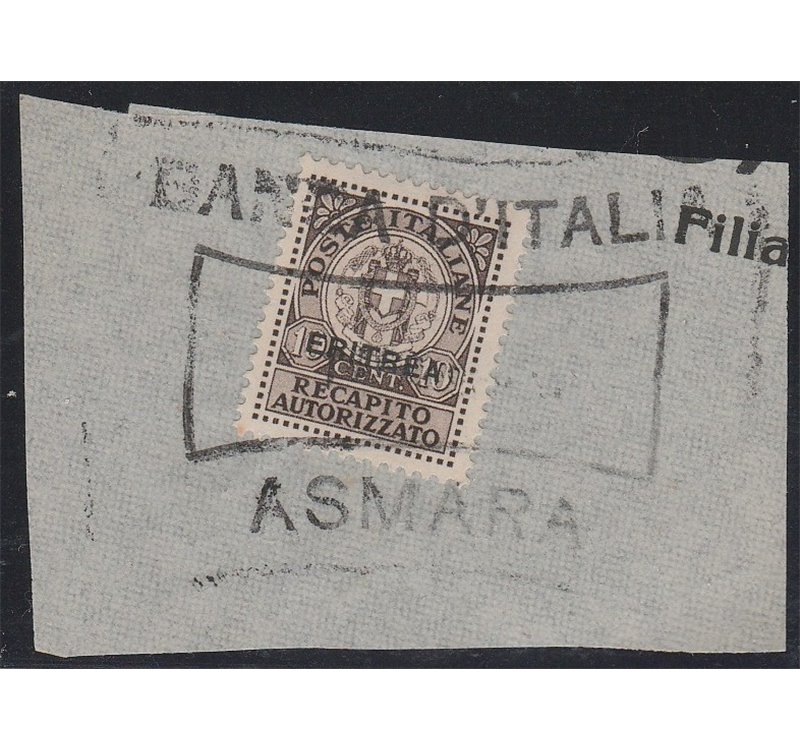 1939 - Colonie It Eritrea Recapito d'Italia 10 c. del 1930 con sovr. "ERITREA" su frammento con annullo completo Cat. € 110 (U)