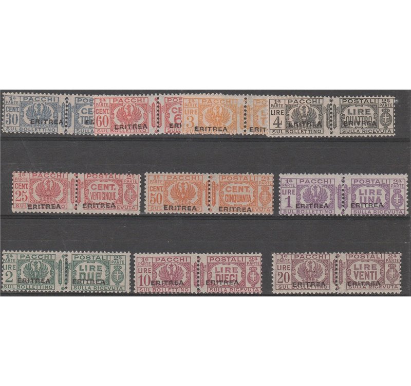1927-1937 - Colonie It Eritrea Pacchi di Regno del 1927-1934 con sovr. "ERITREA" la serie. Cat. € 10.000 (**)