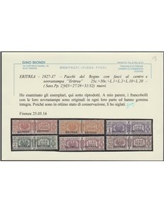 1927-1937 - Colonie It Eritrea Pacchi di Regno del 1927-1934 con sovr. "ERITREA" la serie. Cat. € 10.000 (**)