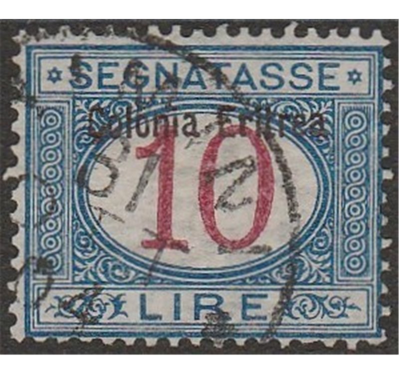 1903 - Colonie It Eritrea Segnatasse d'Italia L. 10 azzurro e carminio con sovr. "Colonia Eritrea" in alto Cat. € 1100 (U)