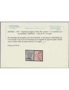 1924 - Colonie Italiane Eritrea Segnatasse Vaglia d'Italia con sovrastampa "ERITREA" Cat. € 1500 (U)