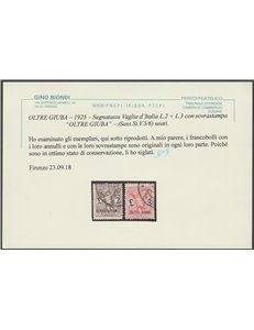 1925 - Colonie Italiane Oltre Giuba Segnatasse Vaglia d'Italia con sovr. "OLTRE GIUBA" Cat. € 3000 (U)