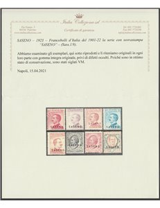 1923 - Colonie Italiane Saseno Francobolli d'Italia del 1901-1922 con sovrastampa "SASENO" la serie. Cat. € 1750 (**)