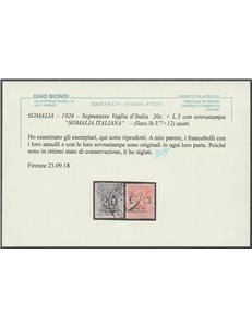 1926 - Colonie Italiane Somalia Segnatasse Vaglia d'Italia con sovr. "SOMALIA ITALIANA" Cat. € 1600 (U)