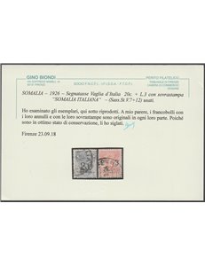 1926 - Colonie Italiane Somalia Segnatasse Vaglia d'Italia con sovrast. "SOMALIA ITALIANA" Cat. € 1600 (U)