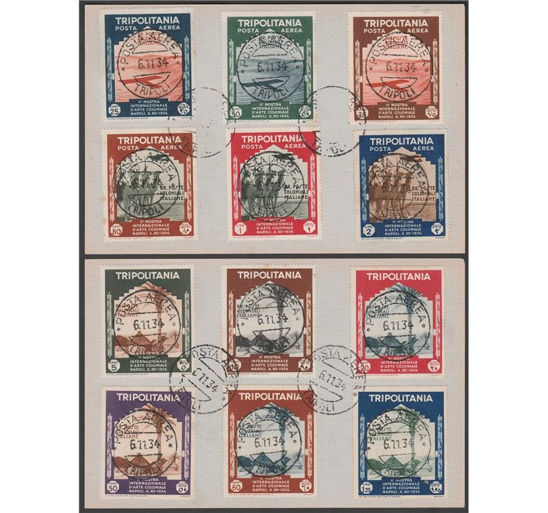 1934 - Colonie Italiane Tripolitania Mostra Coloniale, la serie su due cartoncini Cat. € 450 (U)